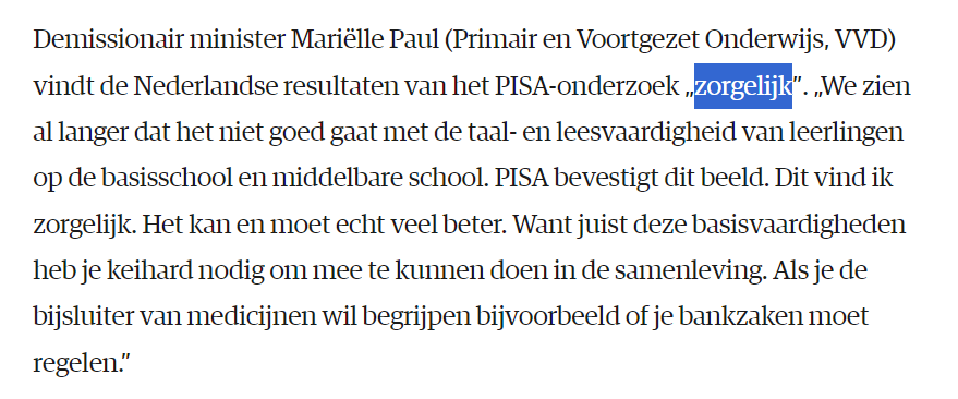 Zorgelijk? Zorgelijk? De Minister noemt dit 'zorgelijk'?
Het is een nationale ramp! Het onderwijs aan kinderen gaat op alle fronten fors omlaag. Wat een bagatellisering door <a href="/MinOCW/">Ministerie van Onderwijs, Cultuur en Wetenschap</a>!