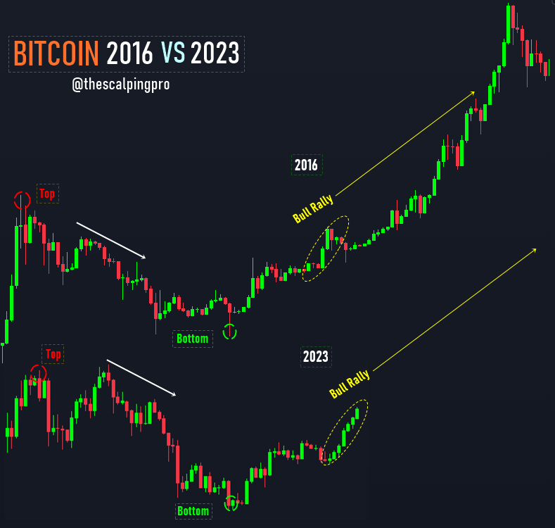 thescalpingpro's tweet photo. Every #Bitcoin cycle is unique, yet 2016 and 2023 showing surprising similarities https://t.co/jfvDFBwaAz