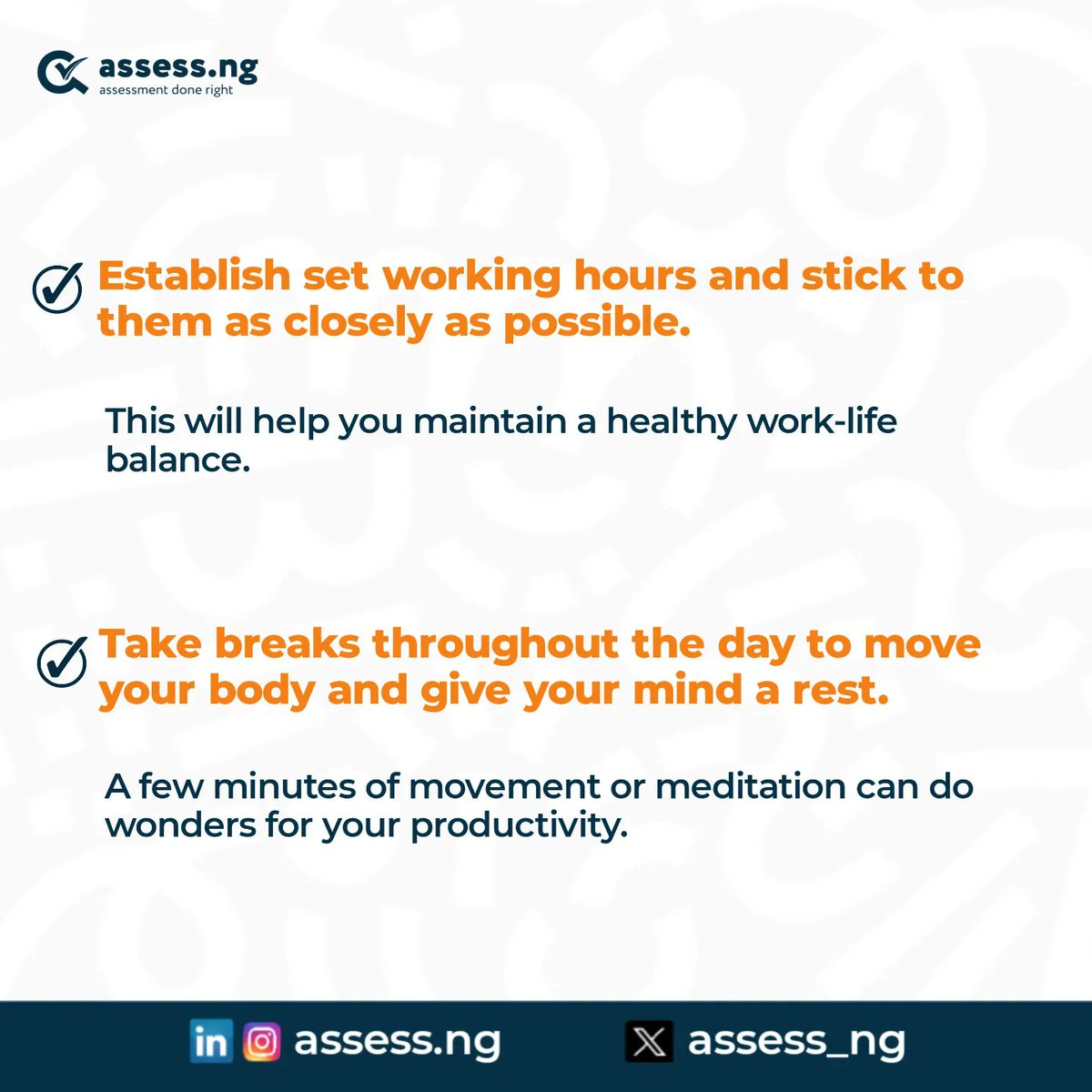 assess_ng's tweet photo. These are few things you can do to make sure you're productive while working from home. 
.
. 
. 
. 
. 
#assessment #training #education #iso #business #recruitment #learning #coaching #knowledge #certification #assessmentwriting #newnormal #digitalart #psychology https://t.co/dRKDqlNtgq