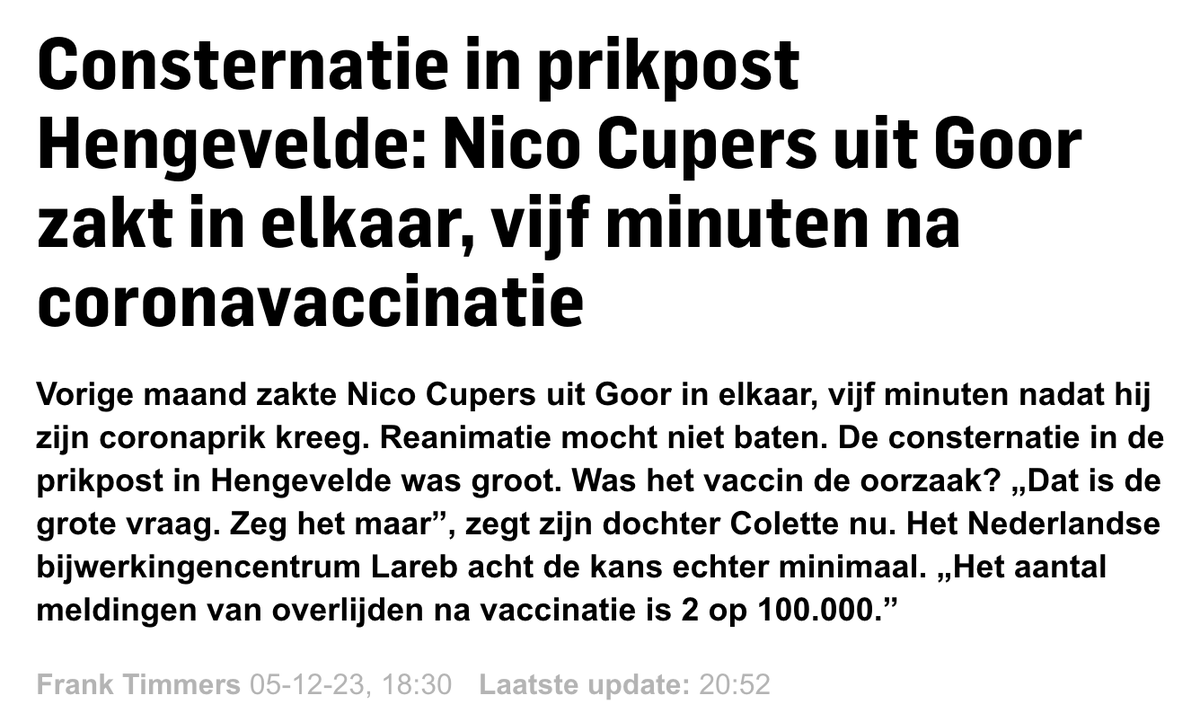 SteigstraHerman's tweet photo. LAREB van het padje af? Een overlijden van een 89-jarige man, 5 minuten na vaccinatie. Lareb suggereert een kans van 2 op 100.000, gebaseerd op de Lareb meldingen. Maar klopt dat ook? Ik kom op 1 op 250 voor 80+
1/ https://t.co/XkZ8ocboi3