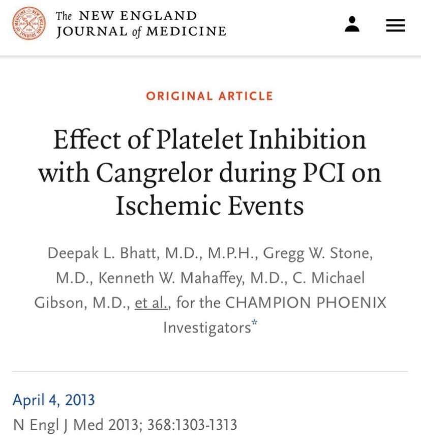 Cangrelor in patients undergoing coronary stenting? Cangrelor is a P2Y12 inhibitor, as are clopidogrel and ticagrelor, but with quick on-off capability due to a much shorter half-life (3-6 minutes). CHAMPION PHOENIX Trial, NEJM 2013 ♥️