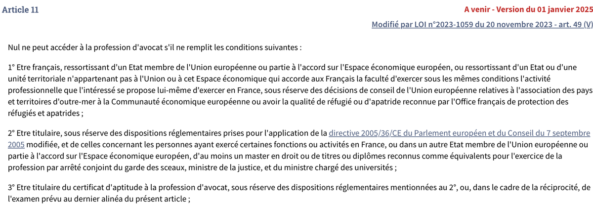 EnConfinement's tweet photo. 🔴URGENT - À compter du 1er janvier 2025, le Master 1 ne suffira plus pour accéder à la profession d'avocat. Désormais, le candidat devra être titulaire d'un Master 2. 

En revanche, la présentation au CRFPA sera toujours possible avec un Master  1 !

Source : https://t.co/5IqWcKamxd

Petites précisions : ⬇️