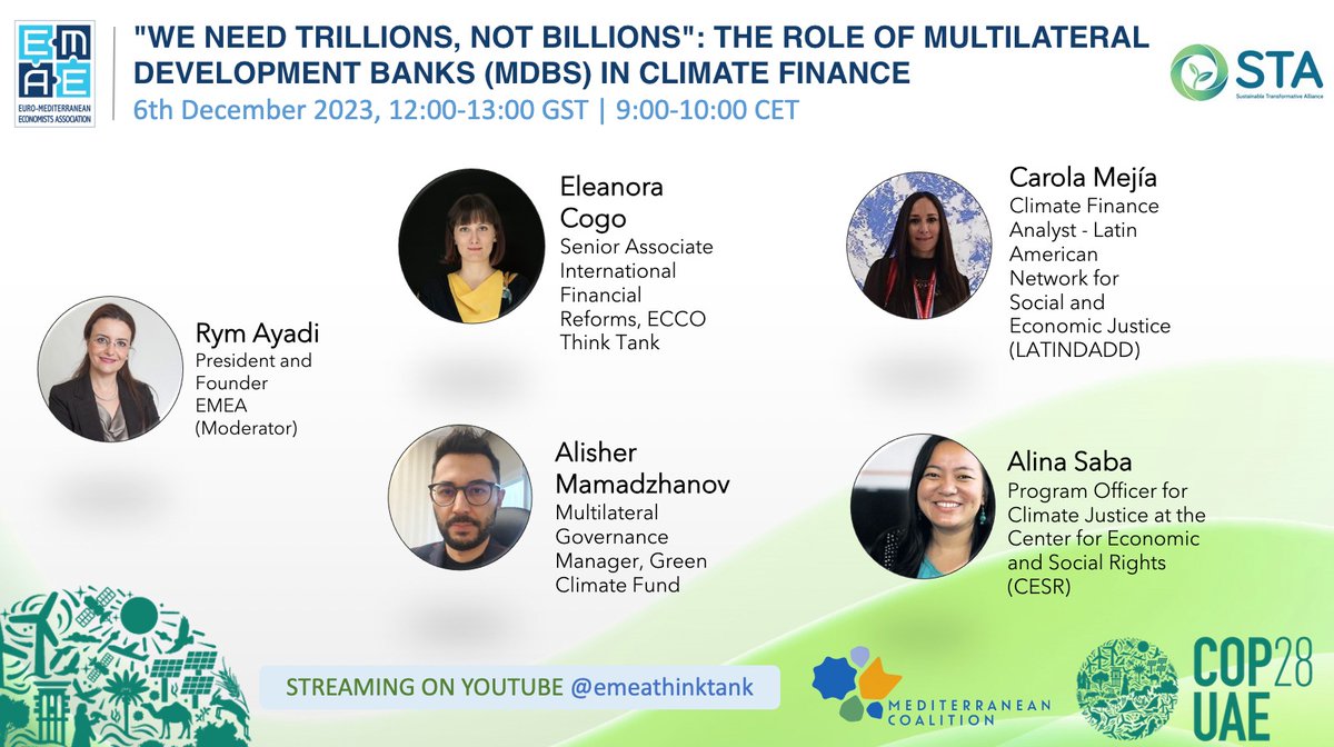 The @emeaorg #cop28 side event "We need trillions, not billons: the role of Multilateral Development Banks (MDBs) in climate finance" is now underway at <a href="/COP28_UAE/">COP28 UAE</a>, Mediterranean Coalition Office! Moderator: Prof. <a href="/rym_ayadi/">Rym Ayadi</a>