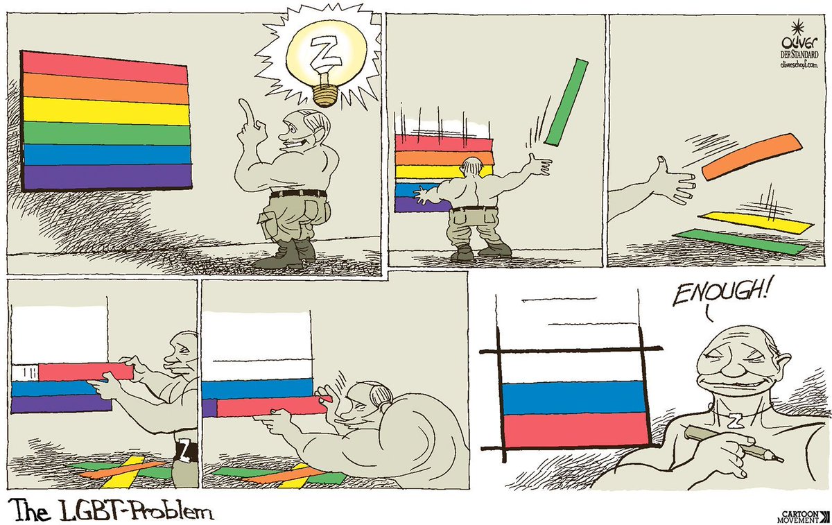 Russia’s supreme court has outlawed what it called an “international LGBT public movement” as extremist. Today’s cartoon by @OliverSchopf. More cartoons: cartoonmovement.com/search?query=&…

#Russia #Putin #LGBT #humanrights