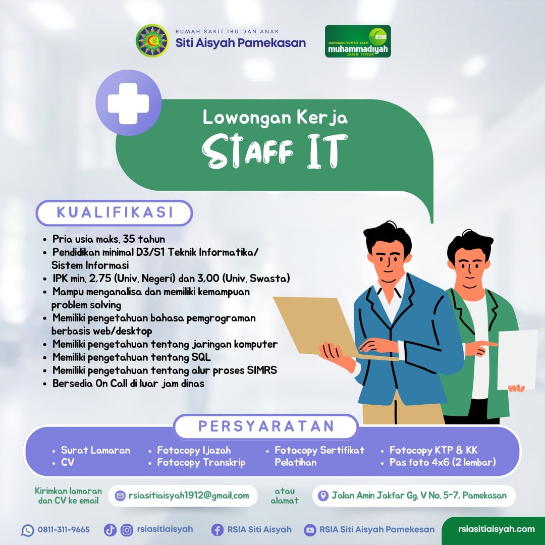 rsiasitiaisyah's tweet image. Anda ingin berkarir dengan kami?
Mari bergabung menjadi bagian dari keluarga besar RSIA SITI AISYAH PAMEKASAN
#lokersisteminformasi #lokerinformatika #lokerinformatika #lokerpamekasan #lokerinformatikapamekasan #lokerrsiasitiaisyahpamekasan