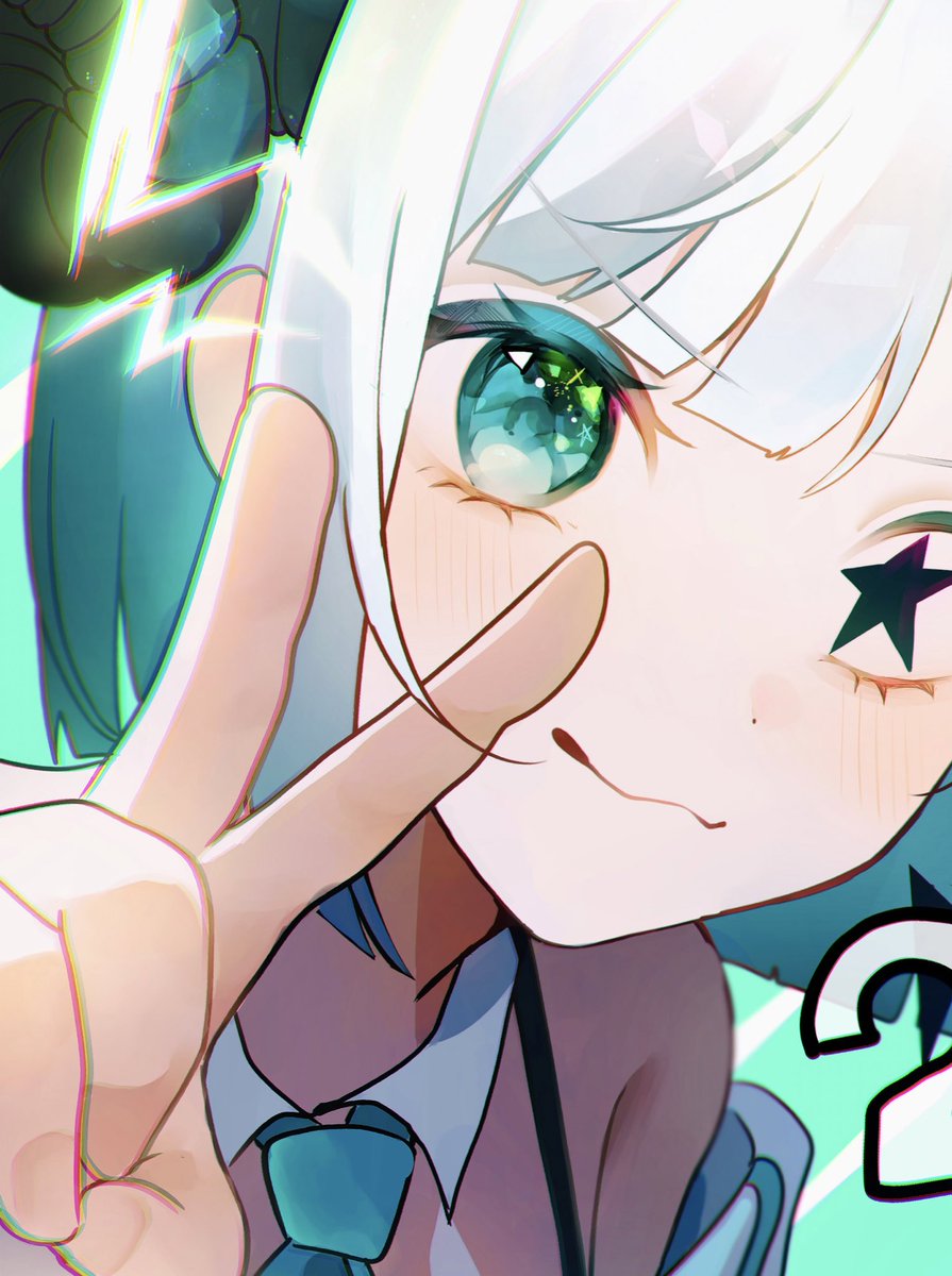 1girl solo v necktie looking at viewer white hair star (symbol)  illustration images