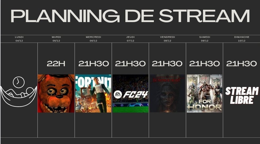 Dannyro_LeVrai's tweet photo. Salut ! Voici le planning de live de la semaine du 4 décembre, Bonne journée ! #youtubeur #youtube #streamer #twitch #nouveaustreamer #Fortnitechapitre5  #FC24 #FiveNightsAtFreeddys #Streamlibre #streamerfrançais #demonlogist #forhonor https://t.co/lUxF4nkN6f