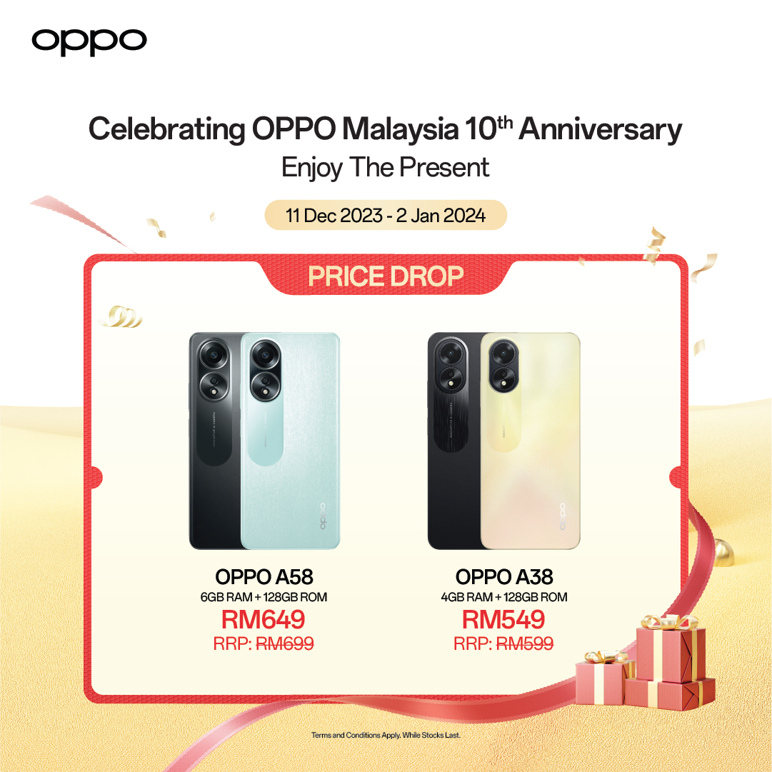 Celebrating #OPPOMalaysia10thAnniversary! 🎊#EnjoythePresentWithOPPO from 11 Dec 2023 to 2 Jan 2024. ✨

✅ Enjoy the highest rebate up to RM200*
✅ Stand a chance to win prizes worth up yo RM1 Million*

Learn more: bit.ly/OPPOMY-10thAnn… 
*T&amp;Cs Apply. While Stocks Last."
