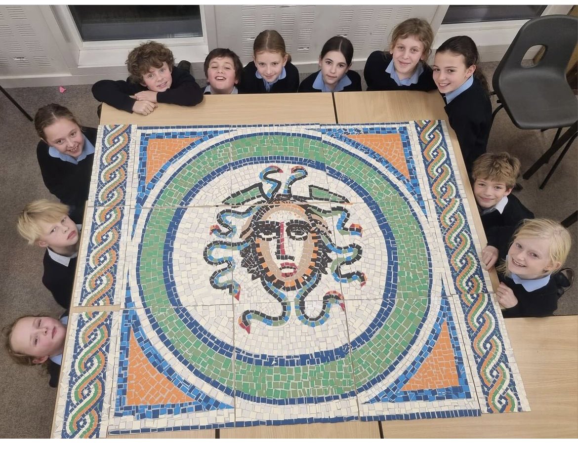 FettesClassics's tweet photo. Well done and thank you to Belhaven Hill students for finishing off this fabulous Medusa mosaic, which was started on the Prep Schools Classics Day. optime! https://t.co/wS00KvaSQ8
