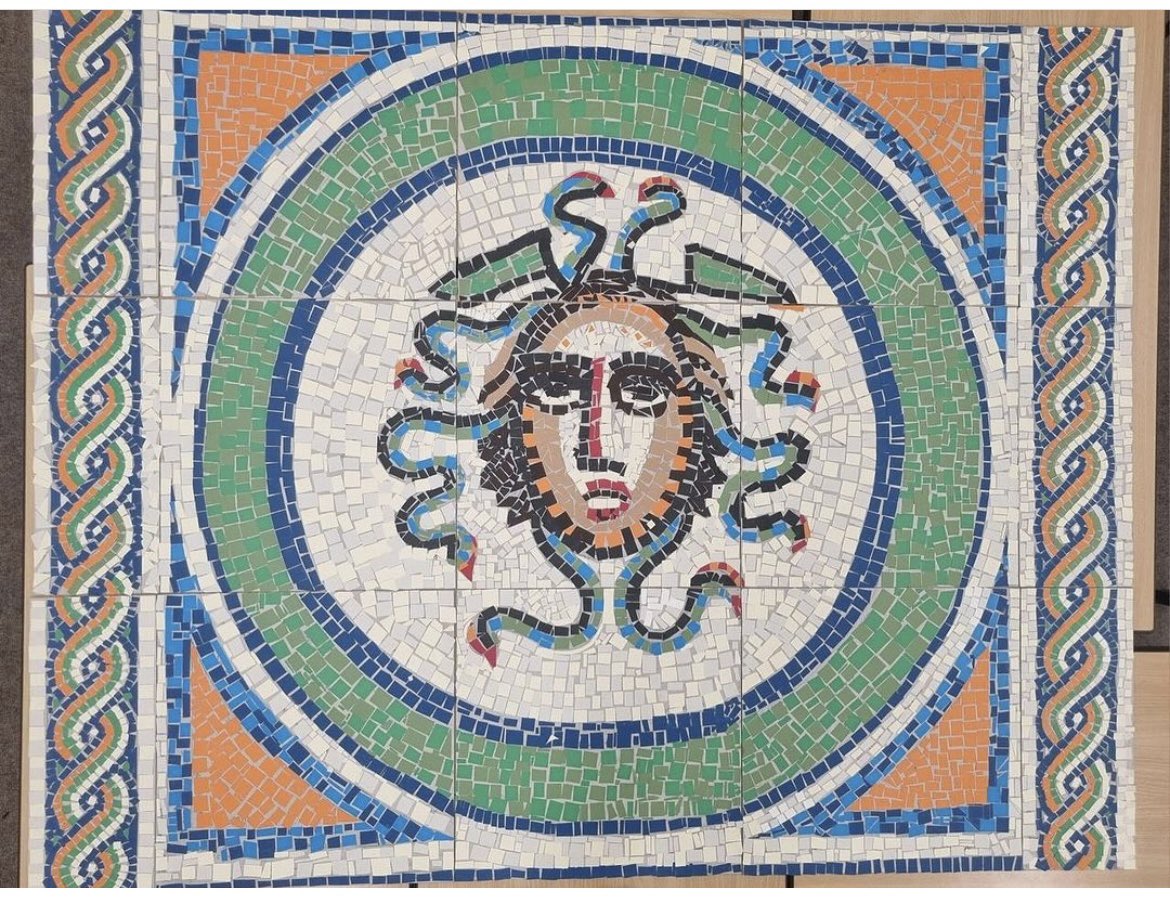 FettesClassics's tweet photo. Well done and thank you to Belhaven Hill students for finishing off this fabulous Medusa mosaic, which was started on the Prep Schools Classics Day. optime! https://t.co/wS00KvaSQ8
