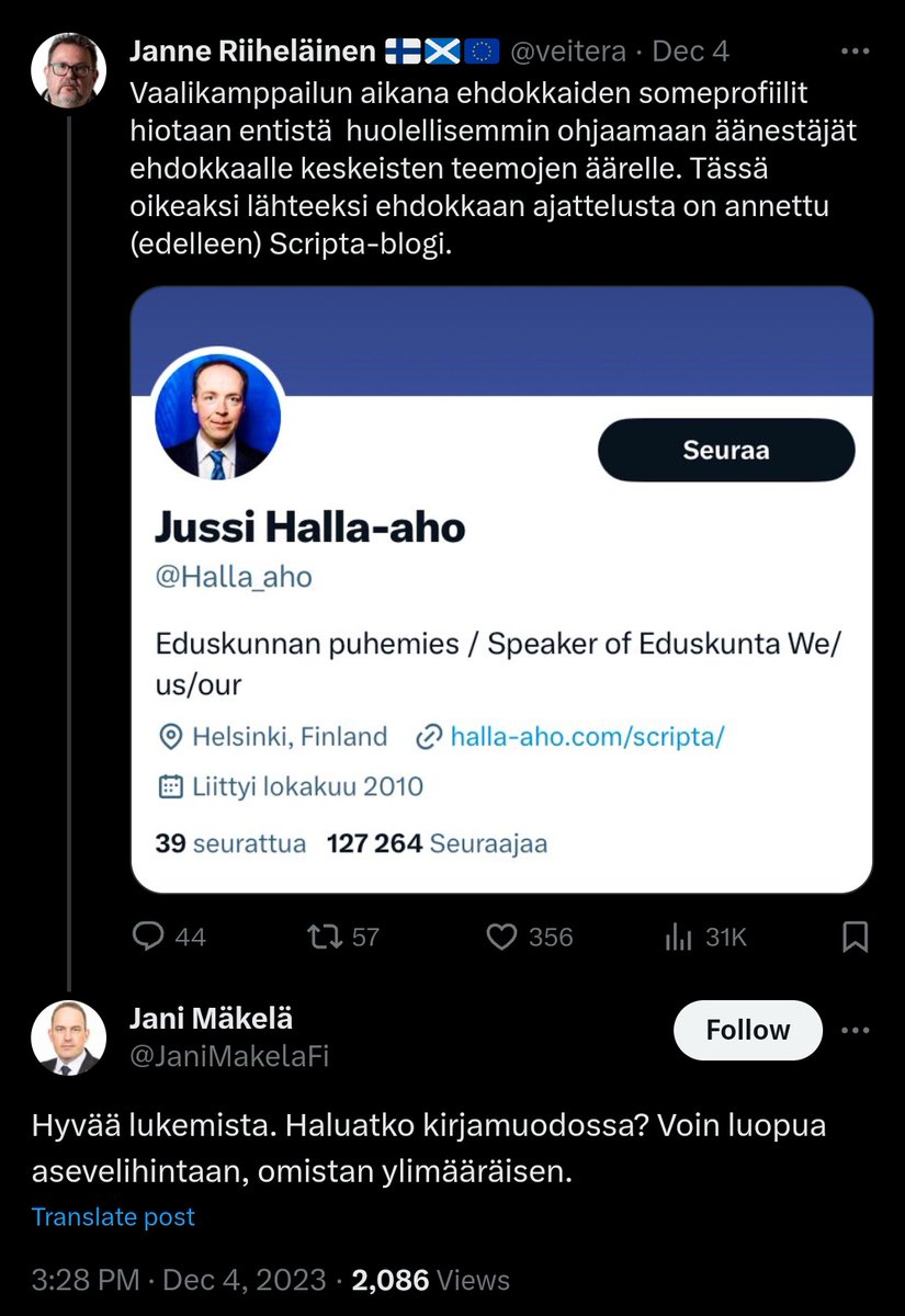 kasvismafioso's tweet image. Ei sentään Hommaforum tai Ylilauta ole linkkinä #JussiHallaaho&apos;n X-profiilissa. #Scripta on saman tason vihanlietsontaa. #JaniMäkelä tietysti suosittelee.

#perussuomalaiset #rasismi #antisemitismi #misogynia #homofobia  #syrjintä #väkivalta