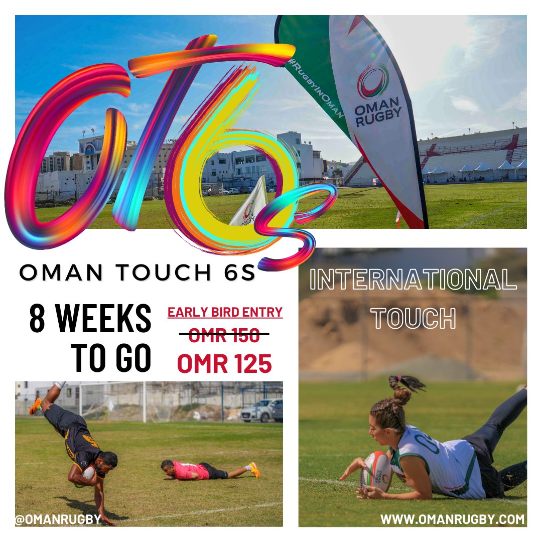 8 Weeks to go until the OT6 International Touch in Oman!

2nd / 3rd Feb 2023

A great weekend from last year is back and bigger than before.

Divisions are TBC - Mixed, Men's, Women's

Registration is on the website -omanrugby.com/calendar