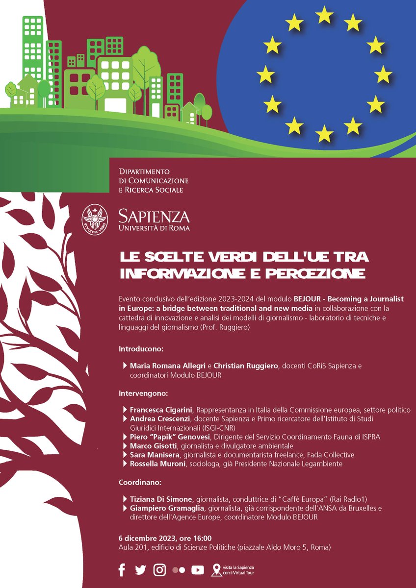 ggramaglia's tweet photo. Buongiorno. Oggi @RadioSapienza @CorisSapienza @presscoris, #Bejour aa 23/'24, evento finale: "Scelte verdi dell'Ue tra informazione e percezione", h 16.00, aula 201, Scienze Politiche, #MRAllegri @ChRuggiero @tizidisi @marco_gisotti @SaraManisera e altri https://t.co/KLUKs7nyl7 https://t.co/YH8ZNOhTIu