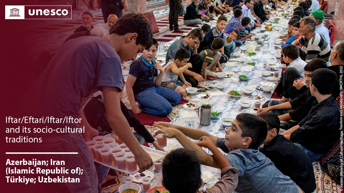 🔴 BREAKING

New inscription on the #IntangibleHeritage List: Iftar/Eftari/Iftar/Iftor and its socio-cultural traditions, #Azerbaijan 🇦🇿, Islamic Republic of #Iran 🇮🇷, #Türkiye 🇹🇷, #Uzbekistan 🇺🇿.

Congratulations!

on.unesco.org/18ICH #LivingHeritage