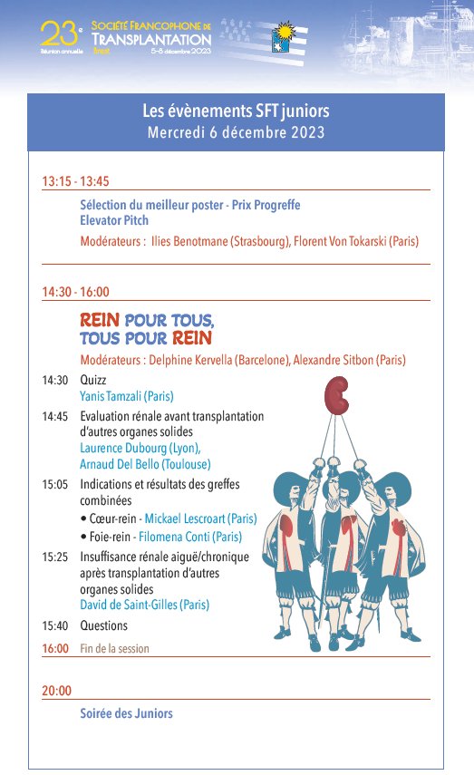 SFT JUNIORS (@sftjuniors) on Twitter photo Rejoignez nous aujourd'hui au congrès de la <a href="/SFTfrancophone/">SFT Transplantation</a> !!!
Elevator pitch 13h15 salle 1
Session 14h30 salle 2 Rejoignez nous aujourd'hui au congrès de la <a href="/SFTfrancophone/">SFT Transplantation</a> !!!
Elevator pitch 13h15 salle 1
Session 14h30 salle 2