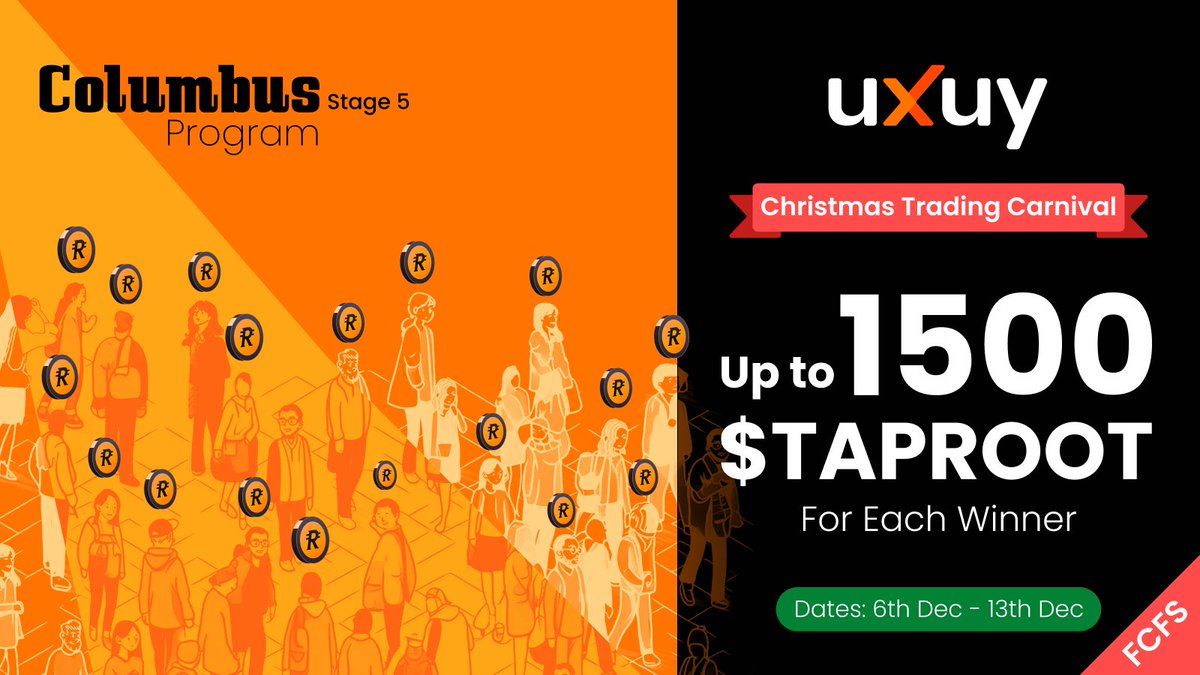 🎉 UXUY Columbus Program: Christmas Trading Carnival 🎄

Dig up TAPROOT rewards this festive season! 

To Enter 👇 
✅️ Make a single transaction of at least $5 on the BNB chain from Dec 6th-13th and earn up to 1500 TAPROOT!

Click for rules: 
blog.uxuy.com/uxuy-columbus-…