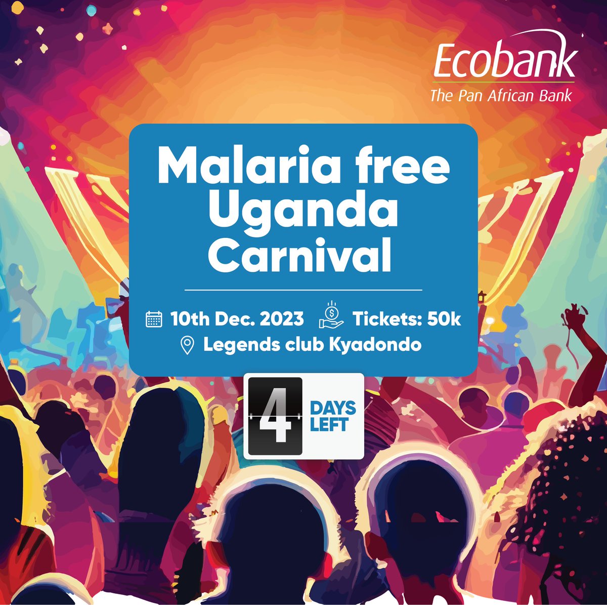 EcobankUganda's tweet image. 4 Days to Go. Your chance to make a positive impact! 

Join us at the #RotaryFamilyCarnival on December 10th at Legends Rugby grounds. 

Purchase your tickets today at 50k via qkt.io/TheFamilyCarni and be a part of the movement for a #MalariaFreeUganda. 

#GoForMore