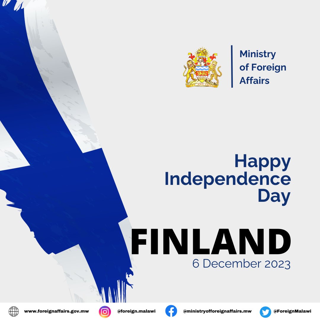 ForeignMalawi's tweet photo. Join us in wishing #Finland and her nationals a happy #IndependenceDay2023 today! @Ulkoministerio https://t.co/nDzPC4x7gw