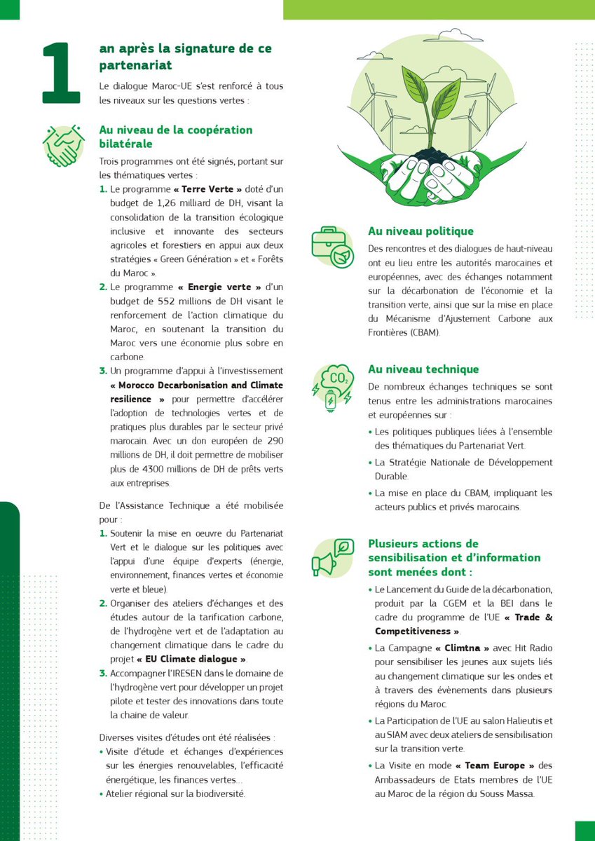 Notre Partenariat Vert Maroc-UE 🇲🇦🇪🇺 se renforce avec la signature à la #COP28, du nouveau programme d’appui à la transition énergétique au Maroc-Energie Verte. 
Une année riche en réalisations depuis la signature du Partenariat Vert 🇲🇦🇪🇺 👇

#EUatCOP28 #COP28 #Partenariatvert