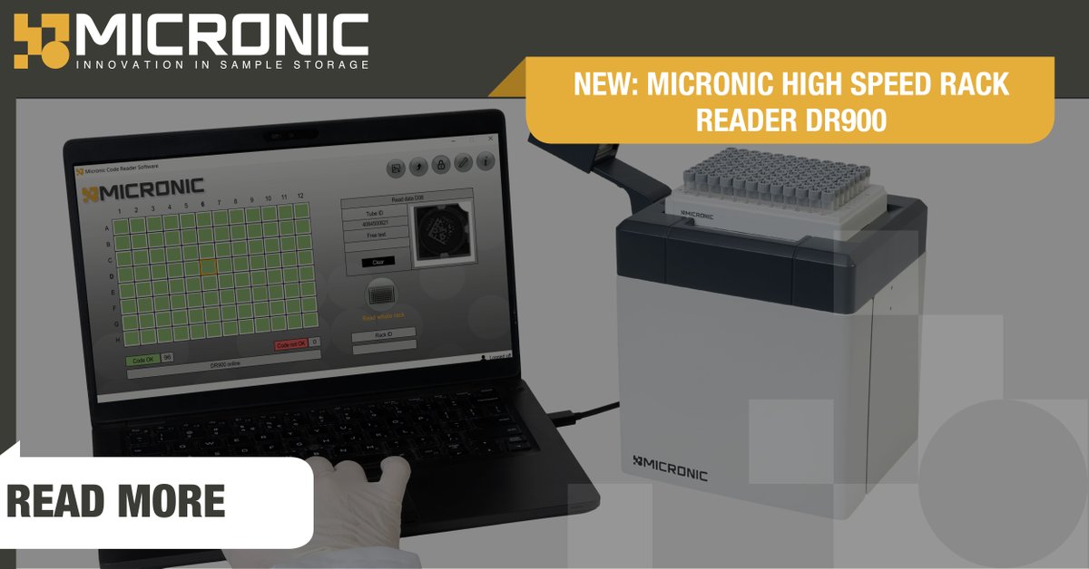 NEW: #Micronic launches the new Micronic High Speed Rack Reader DR900! The #highspeedreader reads whole racks filled with 2D Data-Matrix coded tubes. The camera-based reader reads and decodes the tubes in just 3 seconds. Learn more: ow.ly/xGHT50Qfz65