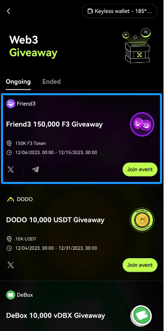 🚀 Quick steps to join in: 1. Open your #OKXWallet @okxweb3 2. Tap the 'What's new' banner on the home page 3. Head to the Web3 Giveaway page, select Friend3, and hit 'Join event' 4. Jump into the action on @QuestN_com Don't miss out! #Web3 #Giveaway #Friend3 #SocialFi