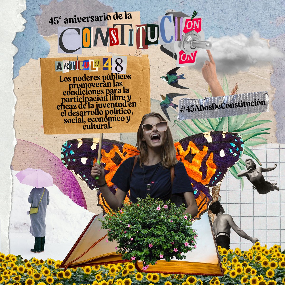 🎉Feliz #45AñosDeConstitución amigas. Para celebrar este día os dejamos por aquí nuestro artículo favorito 👇

Art.48:  Los poderes públicos promoverán las condiciones para la  participación libre y eficaz de la juventud en el desarrollo político,  social, económico y cultural