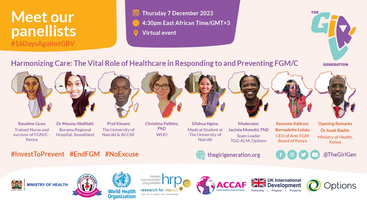 Join panelists from Kenya, Ethiopia, Somaliland, and @WHO as they delve into integrating FGM/C prevention into health practices. Gain global perspectives on addressing this critical issue. #EndFGM #InvestToPrevent 📢Register now shorturl.at/epwJX ⏰ 7 Dec | 16:30 EAT