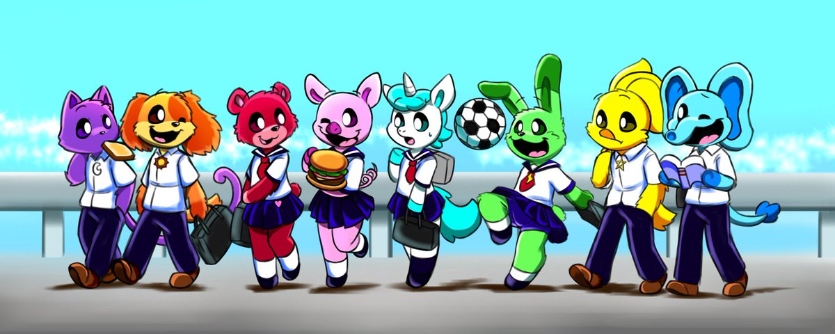 multiple girls multiple boys school uniform skirt food bag necktie  illustration images