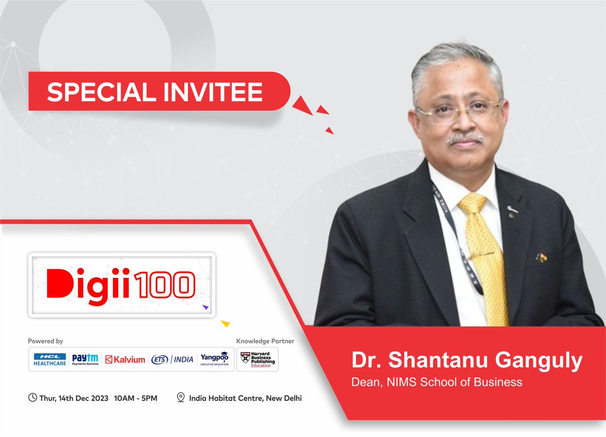 digii__official's tweet photo. Delighted to share that Dr. Shantanu Ganguly, Dean at NIMS School of Business will be joining the prestigious Digii100 Summit as a special invitee!

We look forward to his presence at the event!

Learn more! >> https://t.co/k5fulh8fkq

@NimsUniversity

#Digii100 #Digii100summit https://t.co/64IJdoi2bl