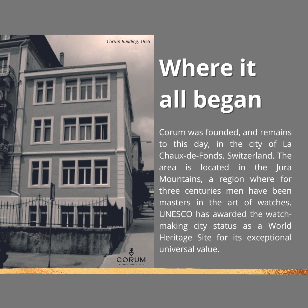 Take a trip down memory lane where the magic began. Right in the heart of the watchmaking town La Chaux-de-Fonds, #Switzerland, in 1955.

#ACorumChristmas 
#CorumWatches