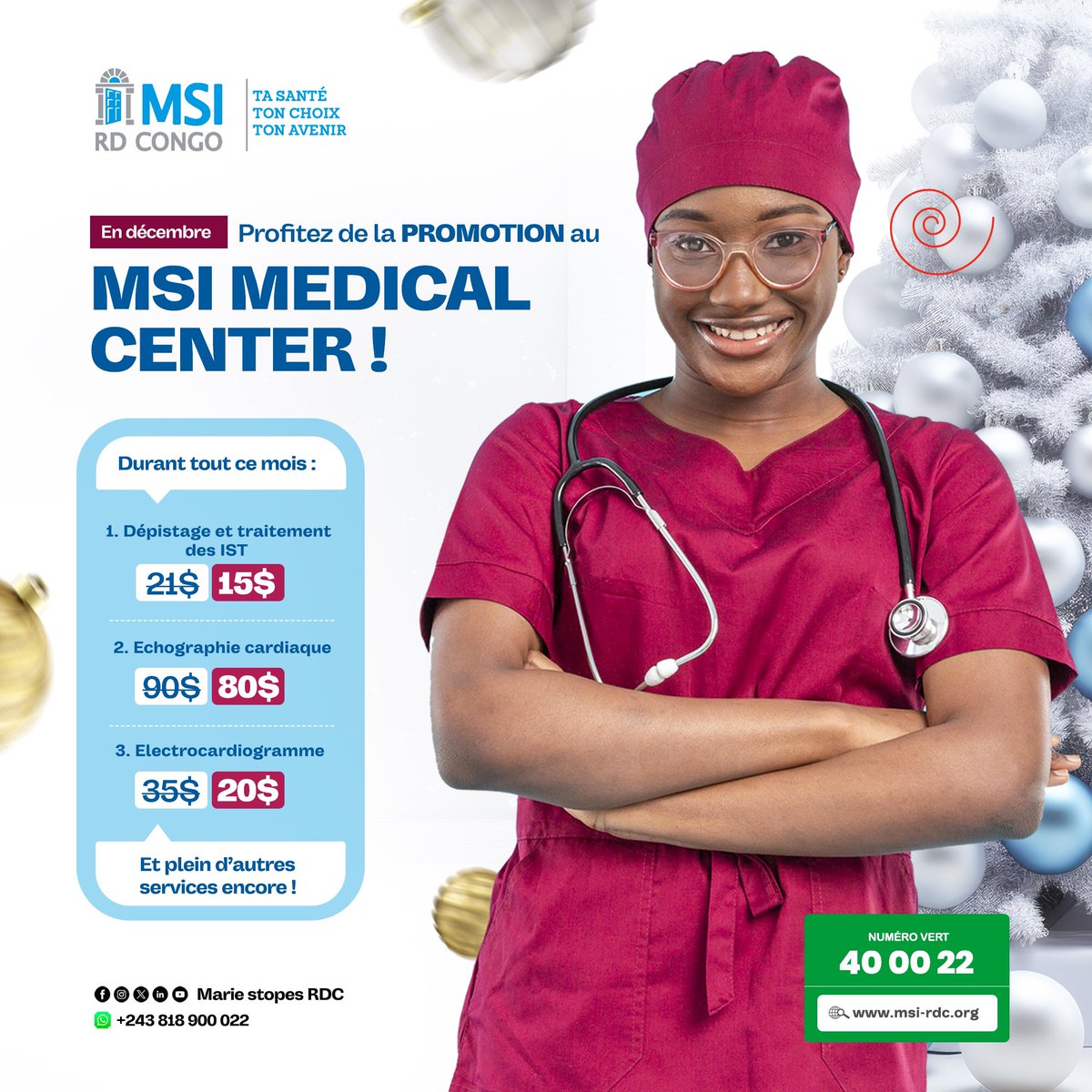 Pour les fêtes de fin d’année, MSI MEDICAL CENTER vous a réservé des beaux cadeaux 🎁 

Jusqu’au 31 décembre, bénéficiez des réductions sur les prix de ses nombreux services !!

Appelez gratuitement le 40 00 22 pour en savoir plus ou pour prendre rendez-vous. 

#Decembre #promo