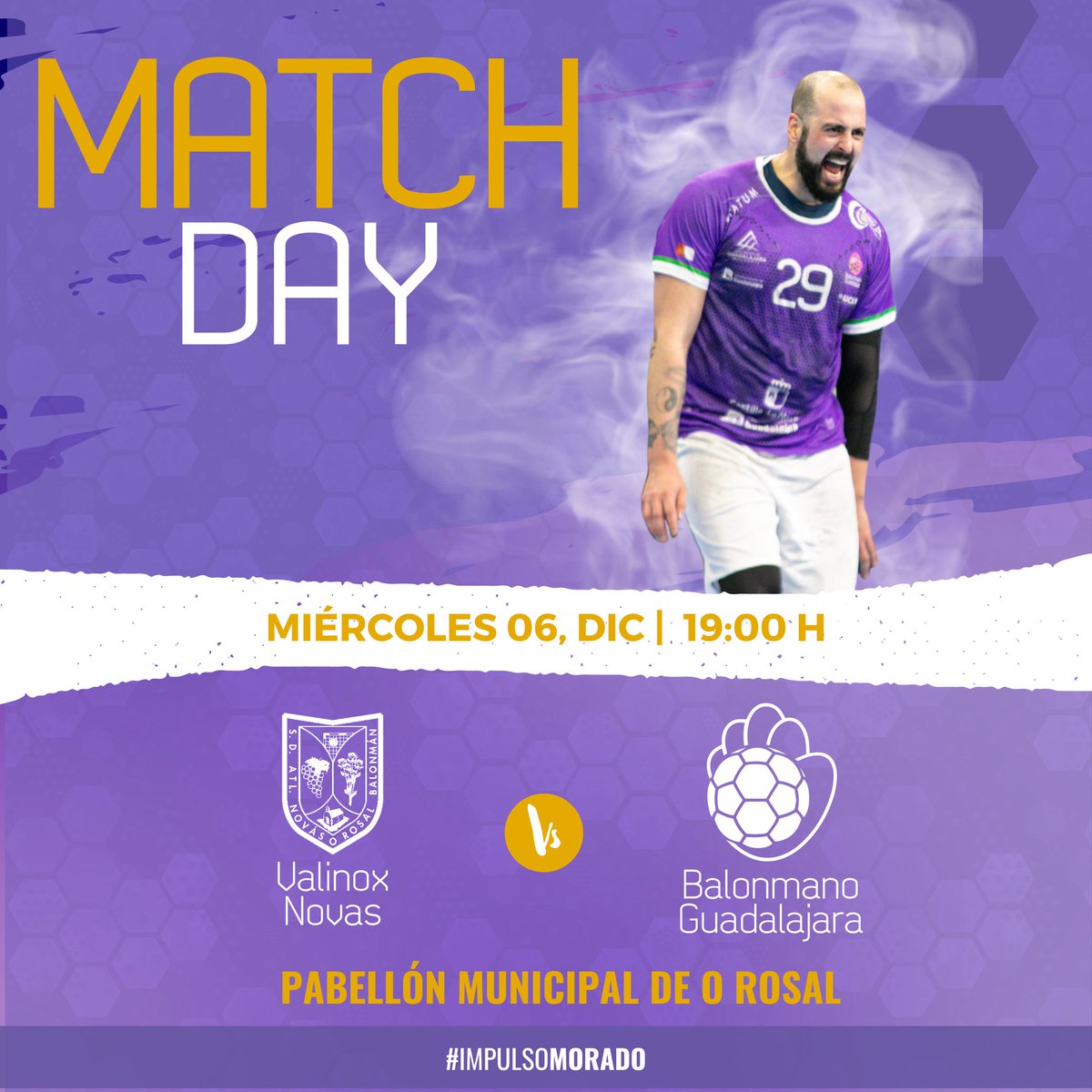 bmguadalajara's tweet photo. 🔥 DÍA DE PARTIDO🔥
🏆 DHP / J12
⚔️ Valinox Novás @atleticonovas V @bmguadalajara
🏟 Pabellón Municipal O Rosal, Pontevedra
🕖 19:00h
📺 Con retransmisión
#VamosGuada
#ImpulsoMorado
#SomosUno
#destinoPontevedra
#J12 #DHPMasc https://t.co/trgy6RuGg4