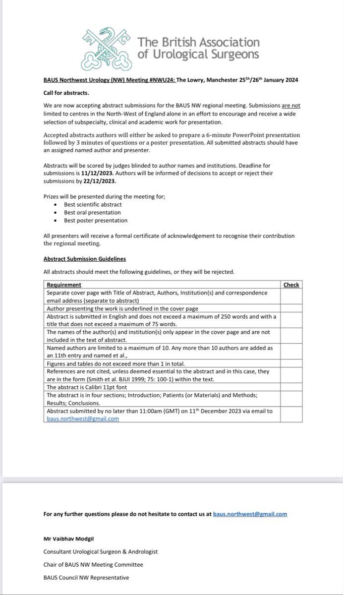 📣Abstract Submission for North West Regional Urology Meeting is open!

📅 24-26 January  2024

📍 The Lowry,  Manchester

⏳ Submission Deadline FAST APPROACHING: 11th December 2023

Details below👇🏼👇🏼👇🏼

<a href="/BSoT_UK/">BSoT</a> <a href="/VaibhavModgil/">Vaibhav Modgil | Urological Surgeon & Andrologist</a> <a href="/GrayStruan/">Struan Gray</a> <a href="/zoe_panayi/">Zoe Panayi</a> <a href="/craig_m_jones/">Craig Jones</a> 

#NWU24