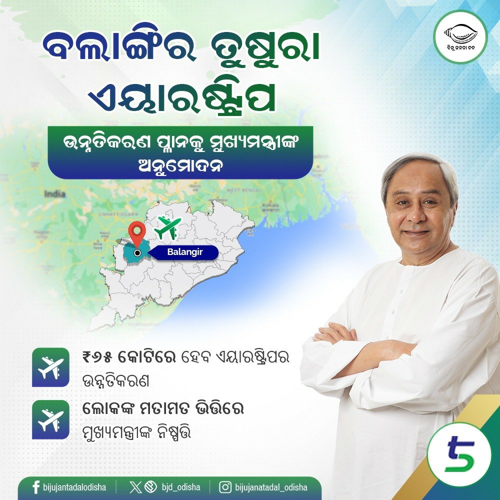 bjd_odisha's tweet photo. ବଲାଙ୍ଗିର ତୁଷୁରା ଏୟାରଷ୍ଟ୍ରିପର ହେବ ରୂପାନ୍ତରଣ। ଏହାର ଉନ୍ନତିକରଣ ପ୍ଳାନକୁ ସଭାପତି ତଥା ମୁଖ୍ୟମନ୍ତ୍ରୀ ଶ୍ରୀ @Naveen_Odisha ଅନୁମୋଦନ କରିଛନ୍ତି। ଏହି ଉନ୍ନତିକରଣ ପାଇଁ ₹୬୫ କୋଟି ବ୍ୟୟବରାଦ ହୋଇଥିବାବେଳେ ଲୋକଙ୍କ ମତାମତ ଭିତ୍ତିରେ ମୁଖ୍ୟମନ୍ତ୍ରୀ ଏହି ନିଷ୍ପତ୍ତି ନେଇଛନ୍ତି। #Odisha #5T https://t.co/JbJLyMmU6B