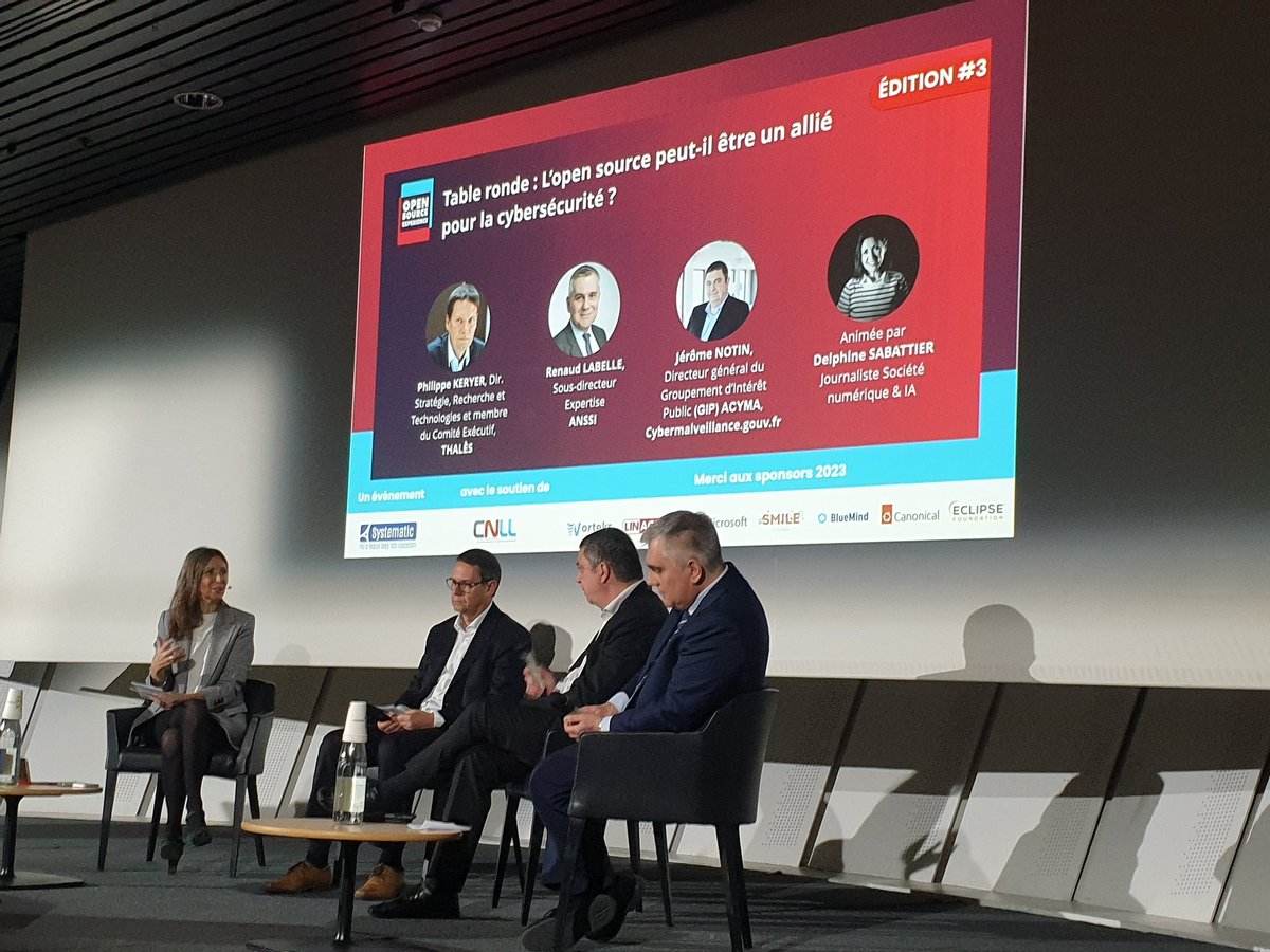 Pôle Systematic (@pole_systematic) on Twitter photo 🔵 #OSXP2023, <a href="/OSXP_Paris/">Open Source Experience</a> 3e édition,
L'#opensource un allié pour la #cyber ?
Avec <a href="/ANSSI_FR/">ANSSI</a>, <a href="/thalesgroup/">Thales Group</a>, <a href="/cybervictimes/">Cybermalveillance.gouv.fr</a>
💬 le code ouvert fait de l'open source un allié de la #cyber.
>> Avec le #LogicielLibre on peut auditer le code. 🔵 #OSXP2023, <a href="/OSXP_Paris/">Open Source Experience</a> 3e édition,
L'#opensource un allié pour la #cyber ?
Avec <a href="/ANSSI_FR/">ANSSI</a>, <a href="/thalesgroup/">Thales Group</a>, <a href="/cybervictimes/">Cybermalveillance.gouv.fr</a>
💬 le code ouvert fait de l'open source un allié de la #cyber.
>> Avec le #LogicielLibre on peut auditer le code.