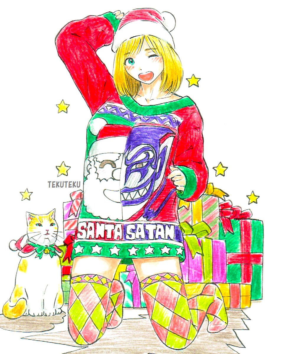 #クリスマスイラスト 🎄 #サンタコス 🎅
 #ダサセーター #UglyChristmasSweater 💚❤️
 #猫好き #illustration #オリジナルイラスト 🐱🎁