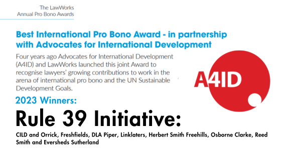 A4ID alongside @Law_Works are delighted to announce that Rule 39 was awarded The Best International Pro Bono Award last night, at the Law Works 2023 annual award ceremony.
