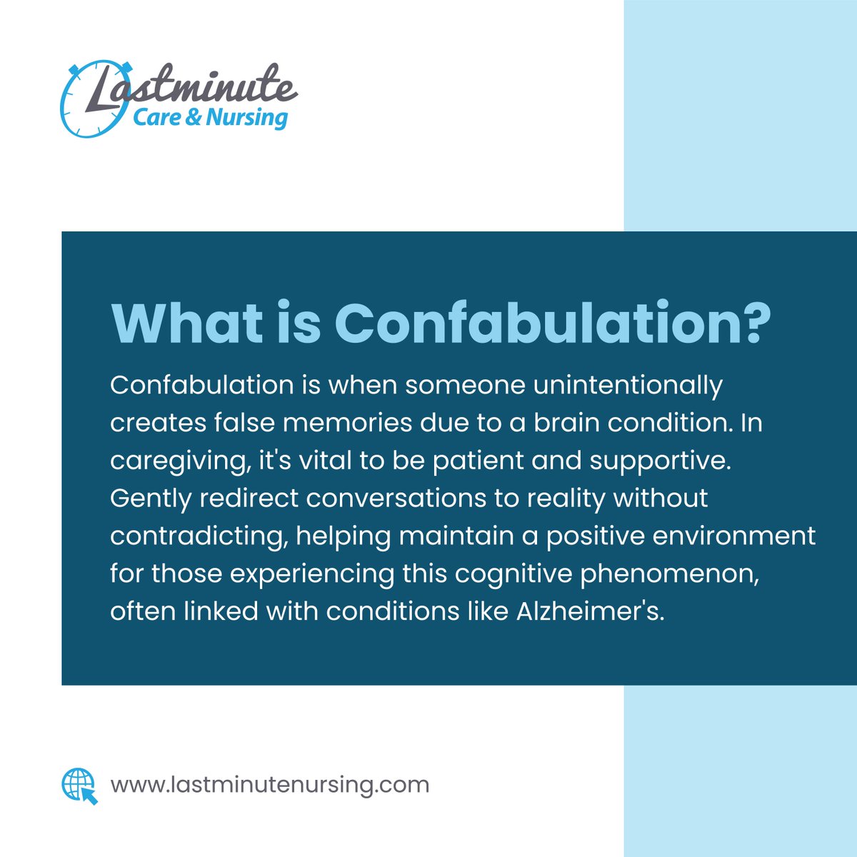Confabulation, or creating false memories unintentionally due to a brain condition, is a challenge in caregiving.

#confabulation #lastminutenursing #careagency #alzheimer #alzheimersawareness #careworker #supportworker #careservices #dementiacare #caregiver #seniorcare