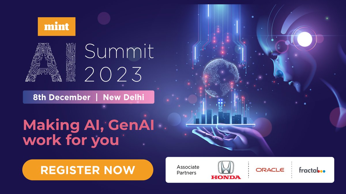 Join the AI revolution at #MintAISummit2023 on Dec 8th. Learn from industry experts shaping the future of AI. 

Register now: events.livemint.com/event/ai-summi…

#AISummit #AIExperts #IndustryLeaders #LearnFromTheBest #RegisterNow  

@1rucha @Oracle_India @HondaCarIndia @fractalai