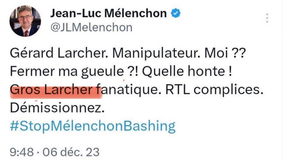 tcabarrus's tweet photo. Jean-Luc Mélenchon, le gourou acariâtre de LFI, aggrave son cas en faisant preuve de grossophobie envers Gérard Larcher... avant de supprimer son tweet honteux sous la pression de ses amis.