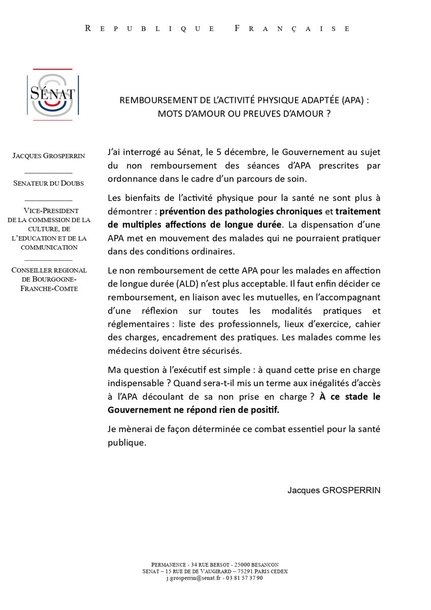 [Communiqué] Remboursement de l'activité physique adaptée👟
L'#APA en tant que solution thérapeutique est efficace sur la santé des patients. 
Son remboursement m'apparait comme une évidence pour prévenir au mieux l'apparition de maladies chroniques.  #santé #prévention <a href="/Senat/">Sénat</a>