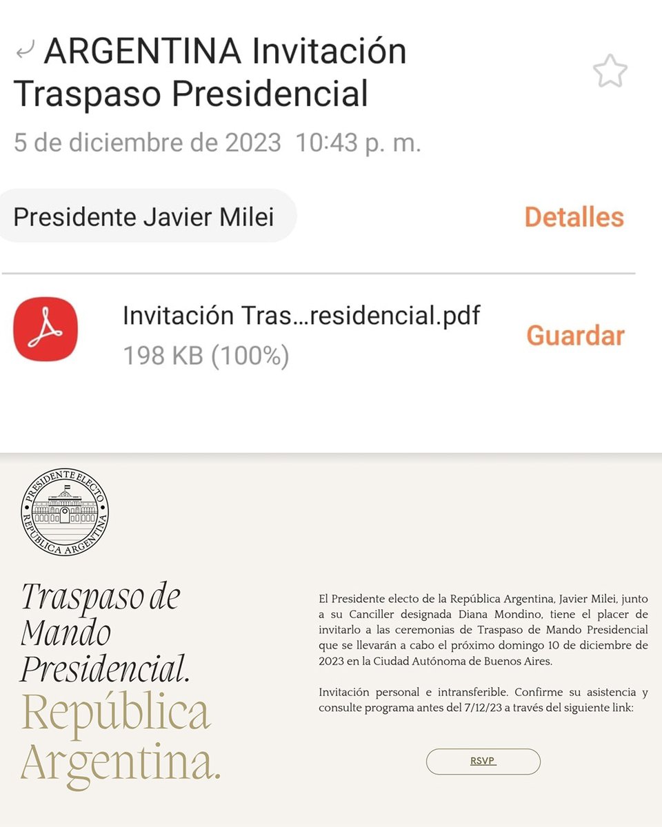 Agradezco profundamente la invitación que nos ha hecho el presidente <a href="/JMilei/">Javier Milei</a> al traspaso de mando presidencial en Argentina este próximo domingo. Gracias también a la próxima canciller doña <a href="/DianaMondino/">Diana Mondino</a>. Estamos seguros que con Javier Milei y la Libertad Avanza inicia una nueva