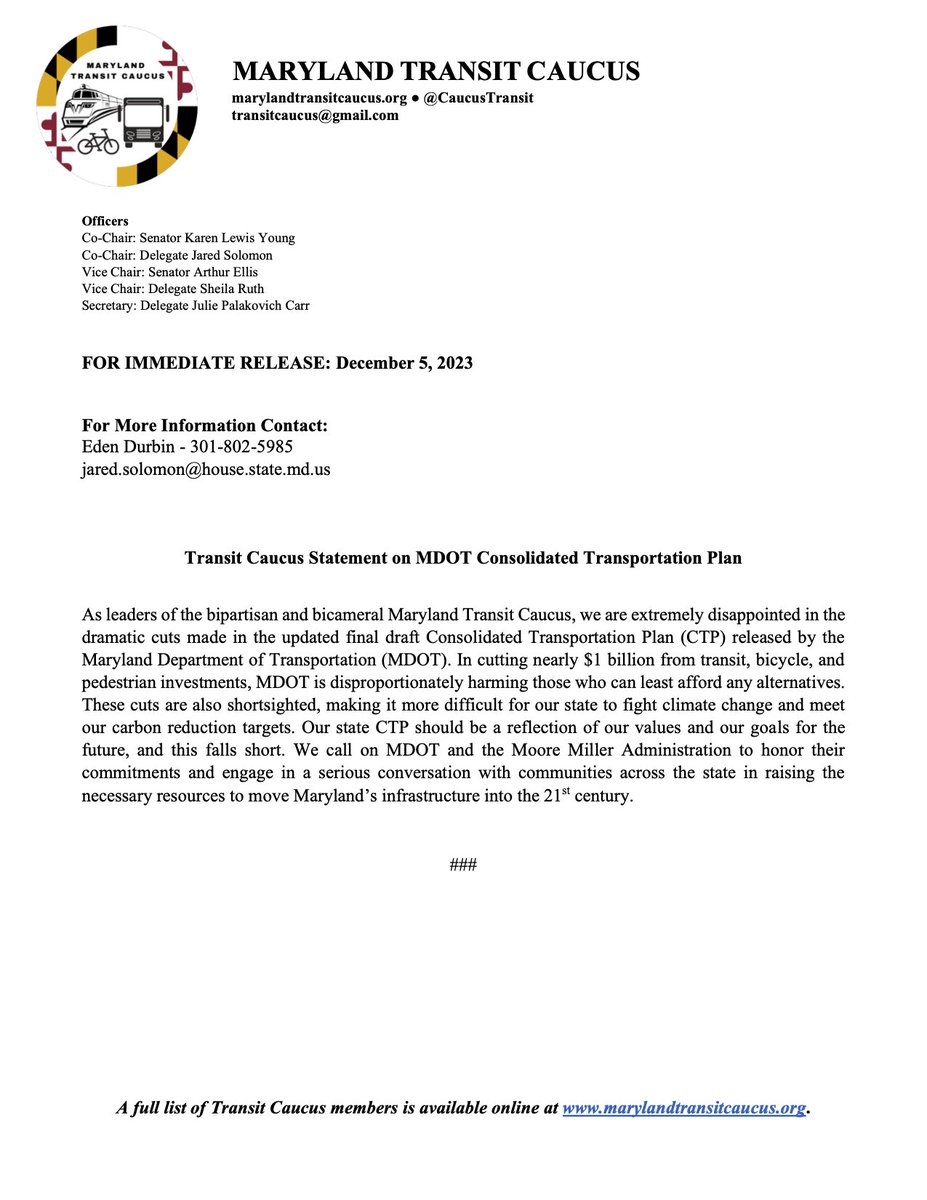 CaucusTransit's tweet image. Statement from the Maryland Transit Caucus leadership on the transportation budget cuts. 👇