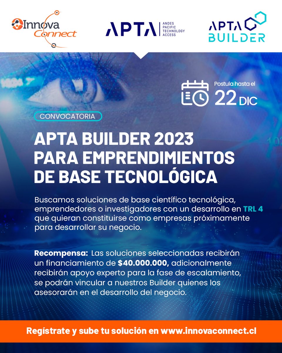 Atención Soluciones tecnológicas y empresas 😱 📢 | Tenemos un nuevo llamado en InnovaConnect junto a <a href="/Hub_APTA/">Hub APTA</a>  

Sube tu solución registrándote en ⏩ innovaconnect.cl 🚀😀