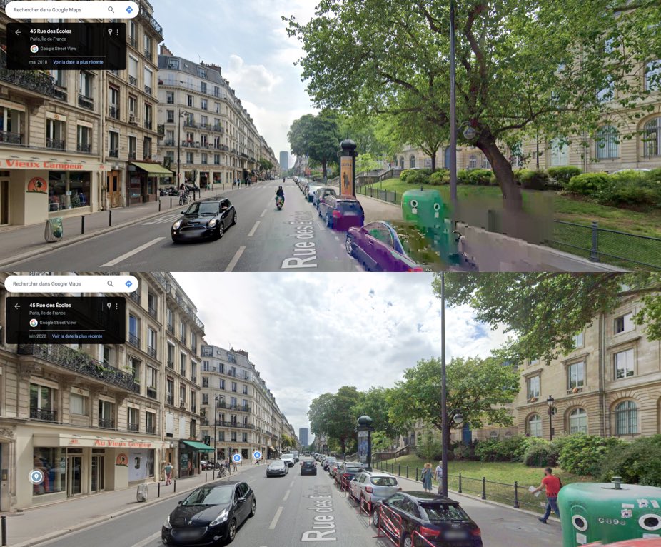 Avant / Après rue des Écoles à #Paris5 #ParisV

❌ Abattage d’un bel arbre adulte
❌ Aucune replantation
❌ Absence de piste cyclable

NB : Photos prises au même endroit, c’est le conteneur à verre qui a changé de place.

#Vélorue
#IlotDeChaleur
#ruevegetale