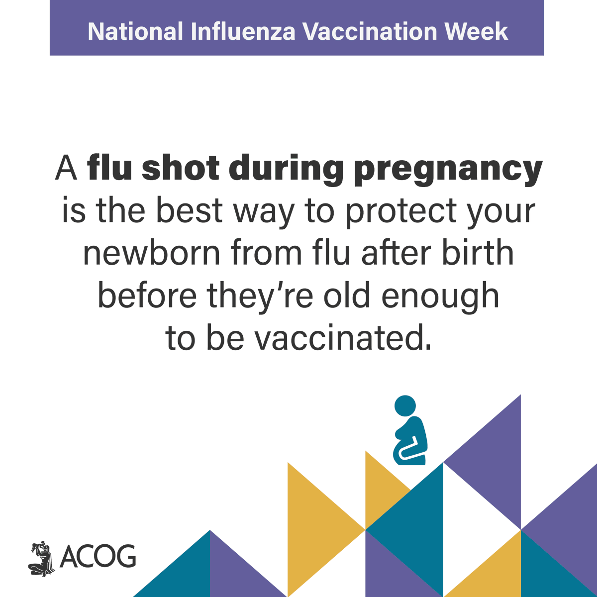 #Flu vaccines are an important part of prenatal care and can protect pregnant people and fetuses. ACOG recommends a flu shot for everyone who is or will be pregnant during flu season. Learn more about the flu vaccine and pregnancy: bit.ly/3t2JZ3S #fightflu #NIVW