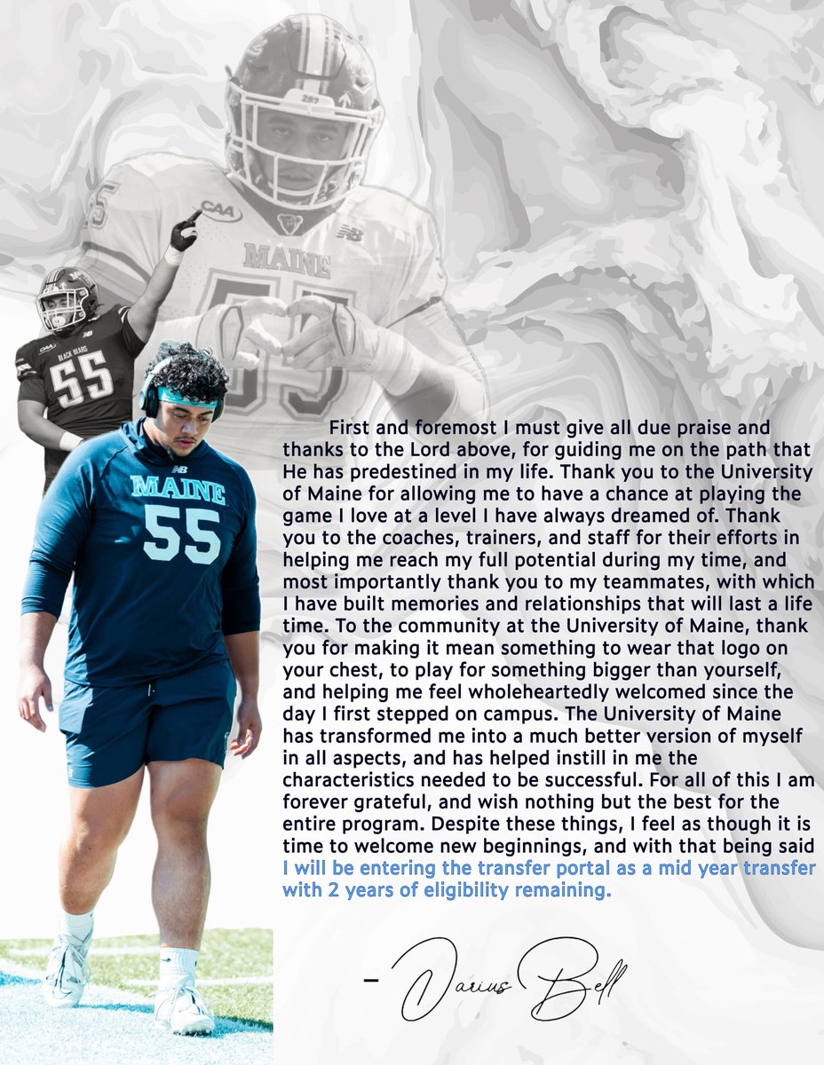 Thank you Maine💙 I will be entering the transfer portal as a mid year OL with 2 years of eligibility. 2023 film- youtu.be/5nfIGvRqaBk?si…