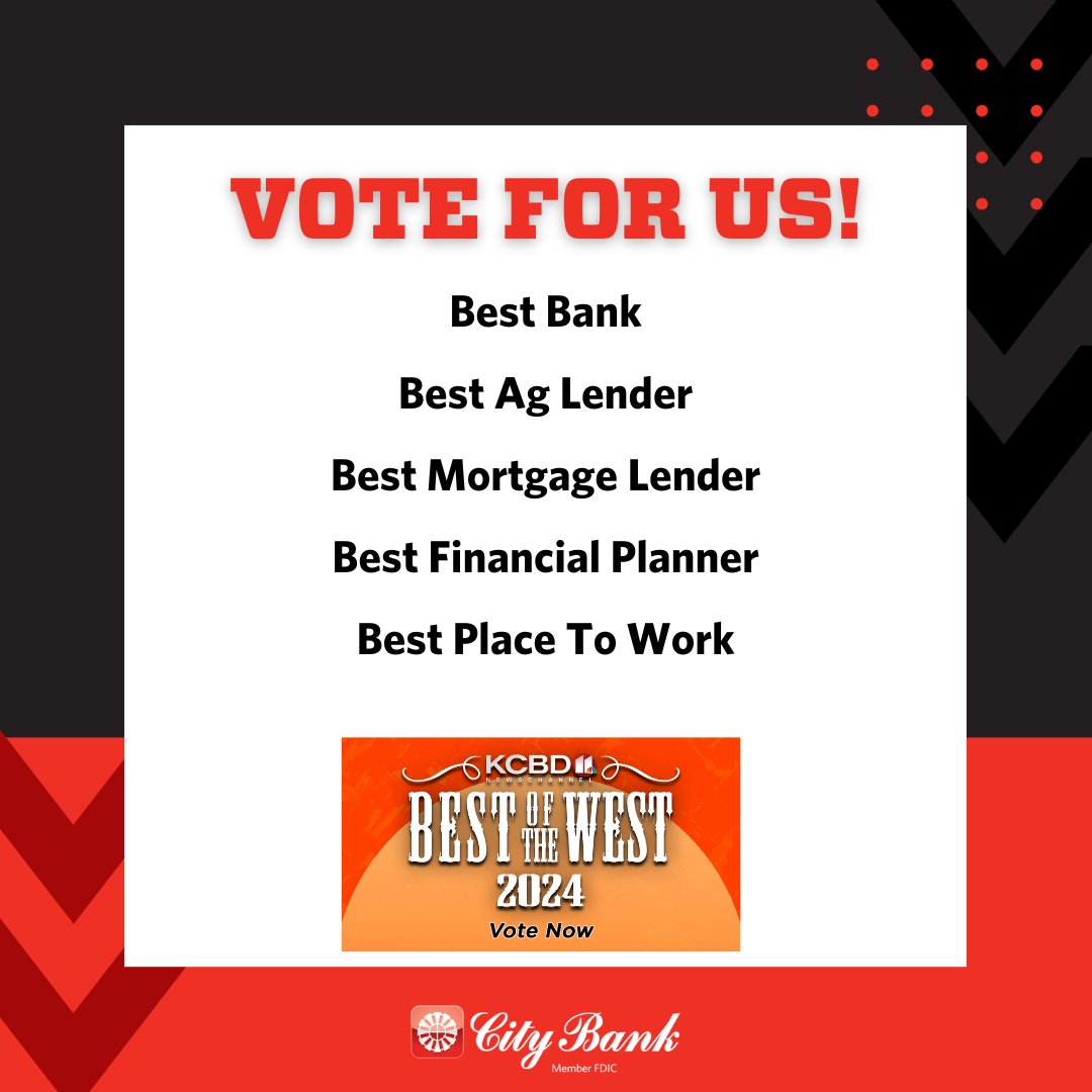 KCBD's Best of the West contest is underway! We would appreciate your vote in the following categories:

Best Bank
Best Ag Lender
Best Mortgage Lender
Best Financial Planner
Best Place to Work

Voting runs through December 15th. ow.ly/znrW50Qeuhj