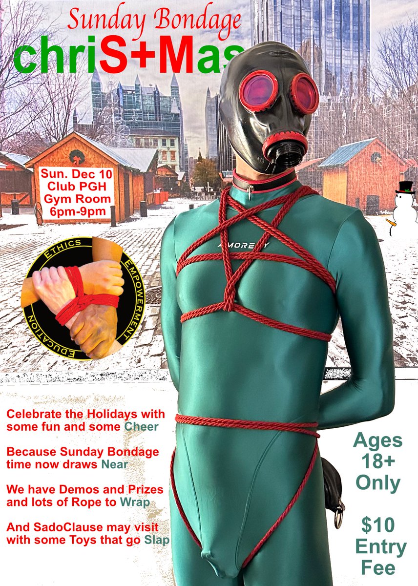 We are looking forward to see everyone on Sunday December 10th!  Keep the holiday kinky with some bondage demos and some gifts from SadoClause!  Get tied up in your ugly Sweater so you can Ho Ho Ho in style, wrap someone like a package and more!  See yinz Sunday!