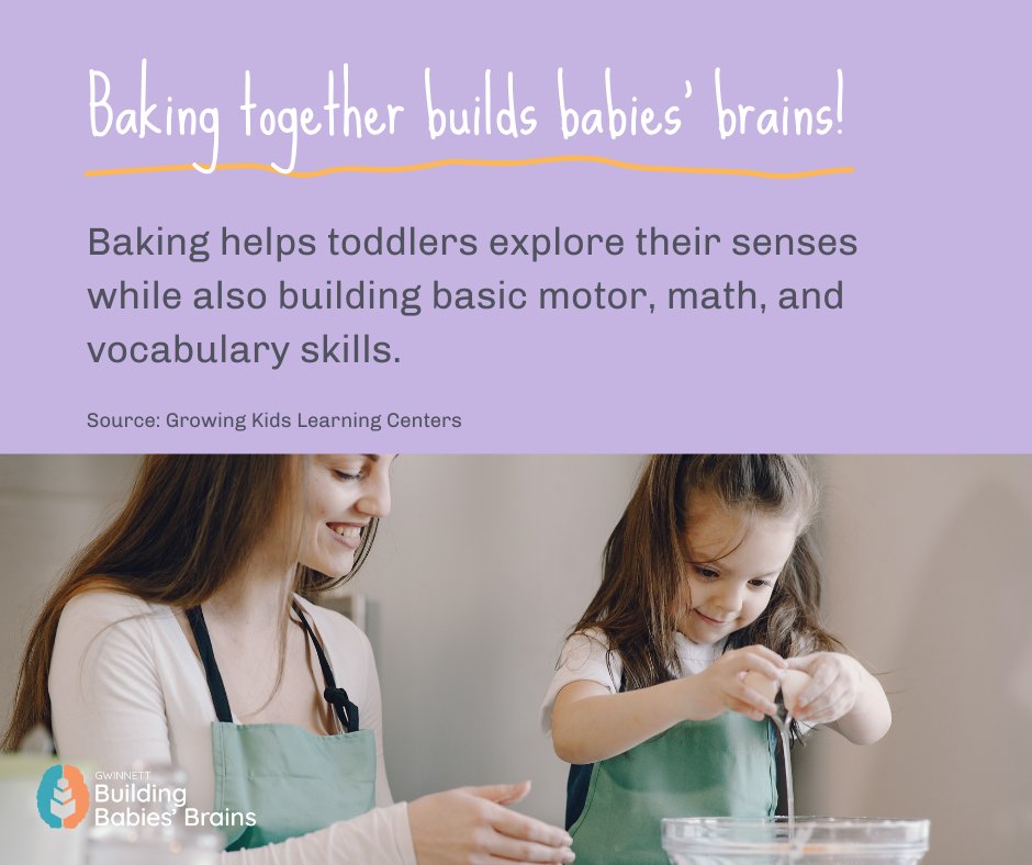 Spend time together in the kitchen with your little learner! Baking together opens the opportunity to practice developmental skills that will build your baby's brain. #EarlyLearning #ChildDevelopment #BuildingBabiesBrains